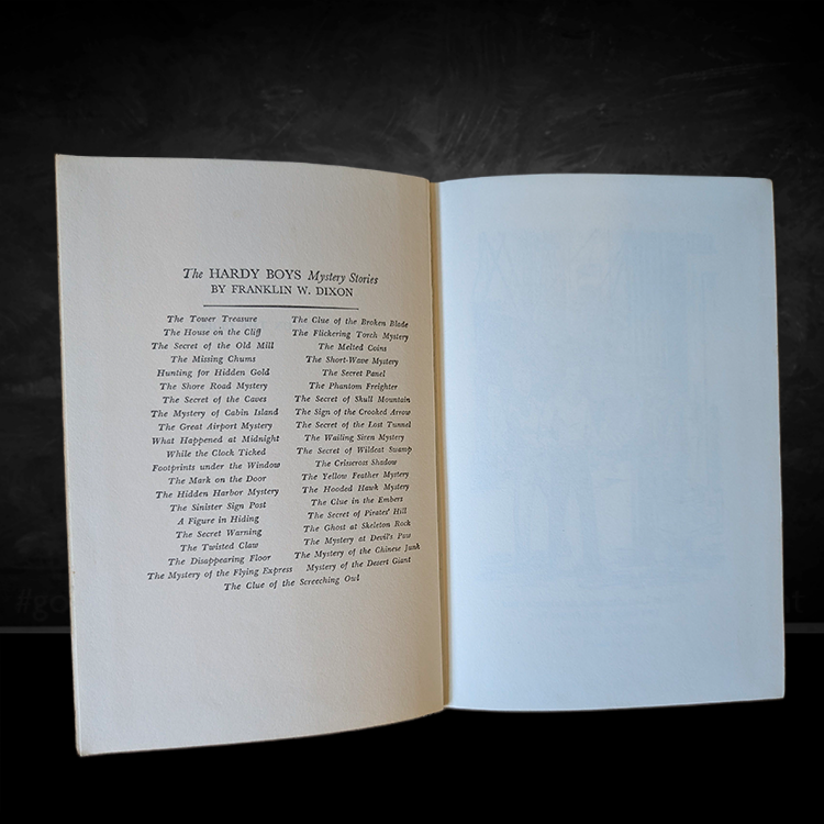 Inside page listing all Hardy Boys titles by Franklin W. Dixon in vintage 1959 edition book.