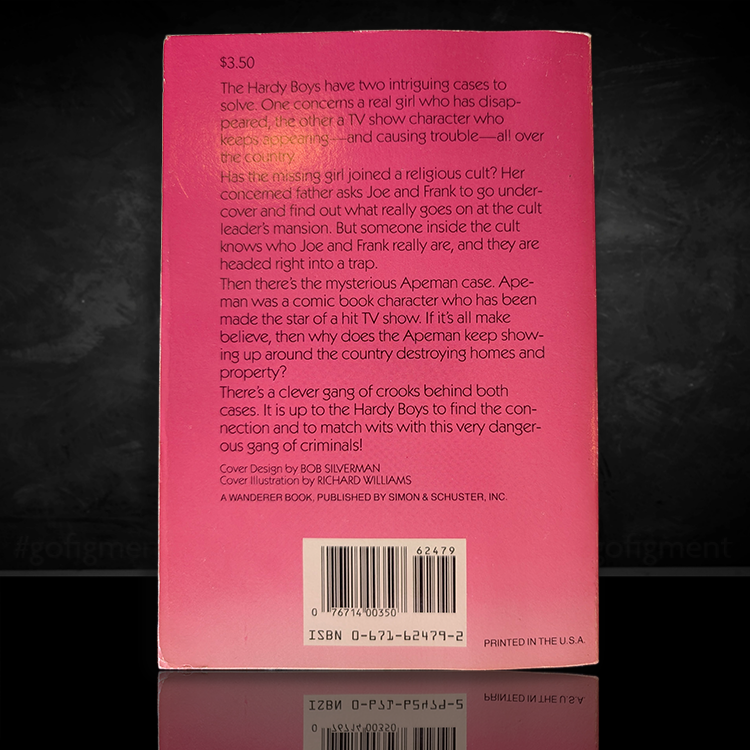 Back cover of 1980 Hardy Boys book The Apeman's Secret with synopsis and barcode, published by Simon & Schuster.