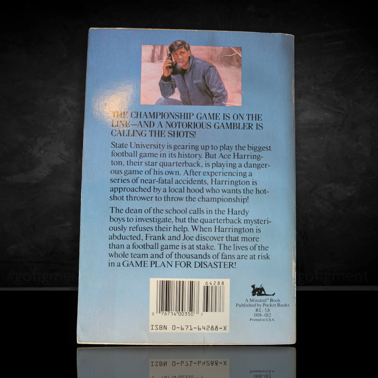 Back cover of vintage 1982 Hardy Boys book 76 Game Plan for Disaster published by Simon & Schuster paperback