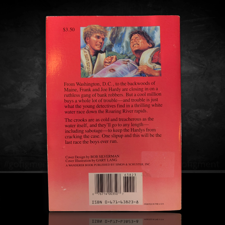 Back cover of 1984 Simon & Schuster paperback The Roaring River Mystery Hardy Boys book with red background and synopsis text.