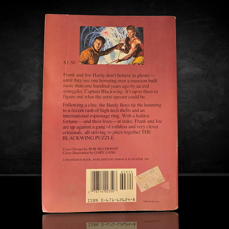 Back cover of The Hardy Boys The Blackwing Puzzle paperback book published by Simon & Schuster in 1984