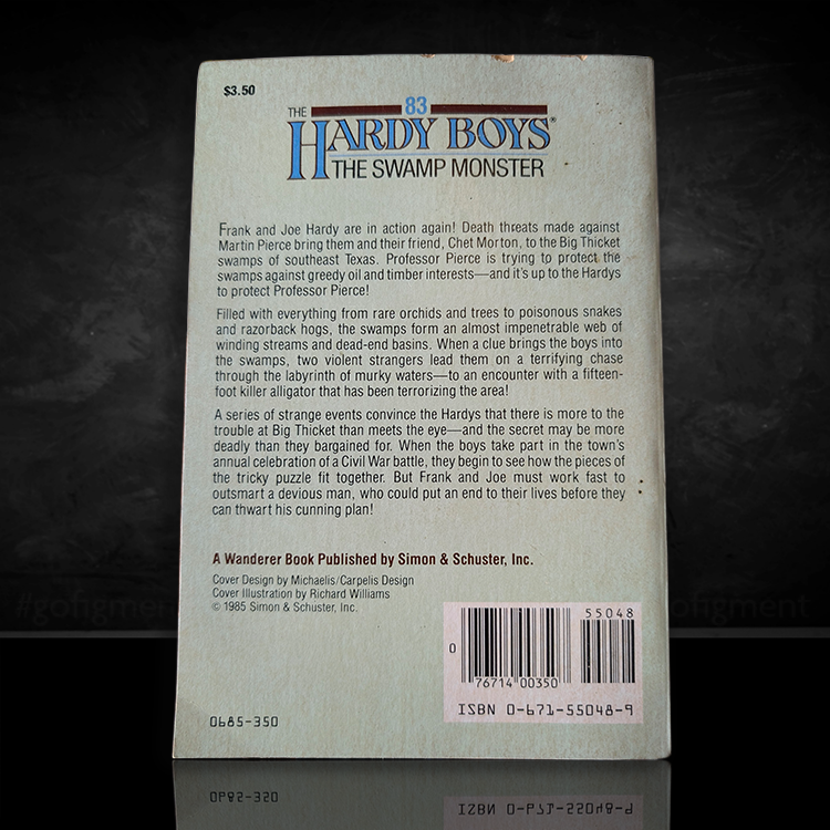 Back cover of Hardy Boys book The Swamp Monster 1985 edition published by Simon & Schuster with synopsis and barcode.