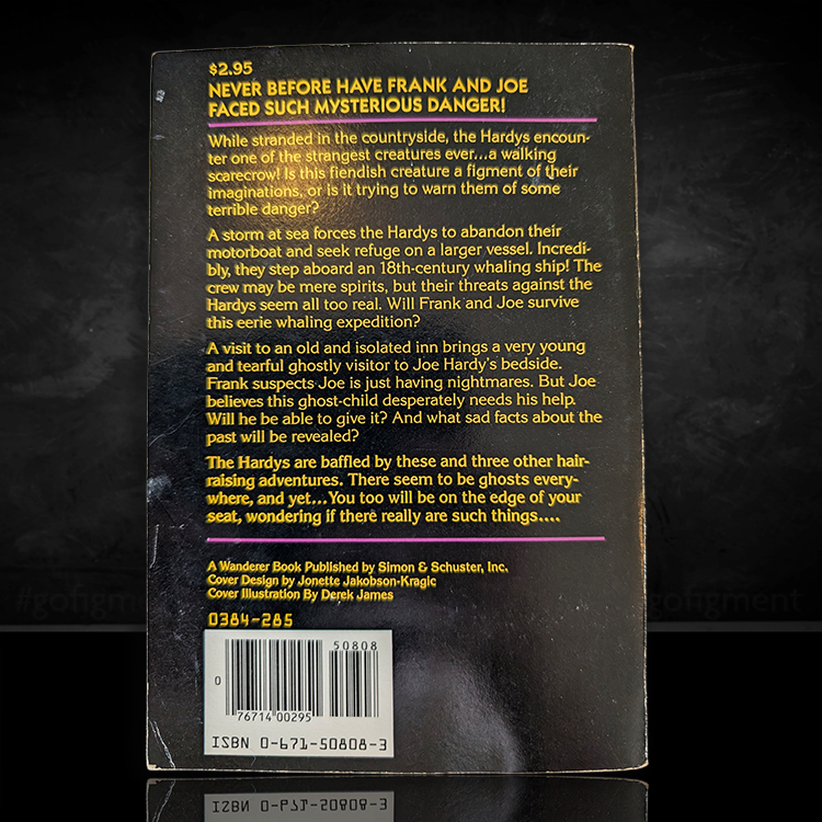 Back cover of 1989 vintage Hardy Boys Ghost Stories paperback published by Simon & Schuster showing synopsis and barcode.