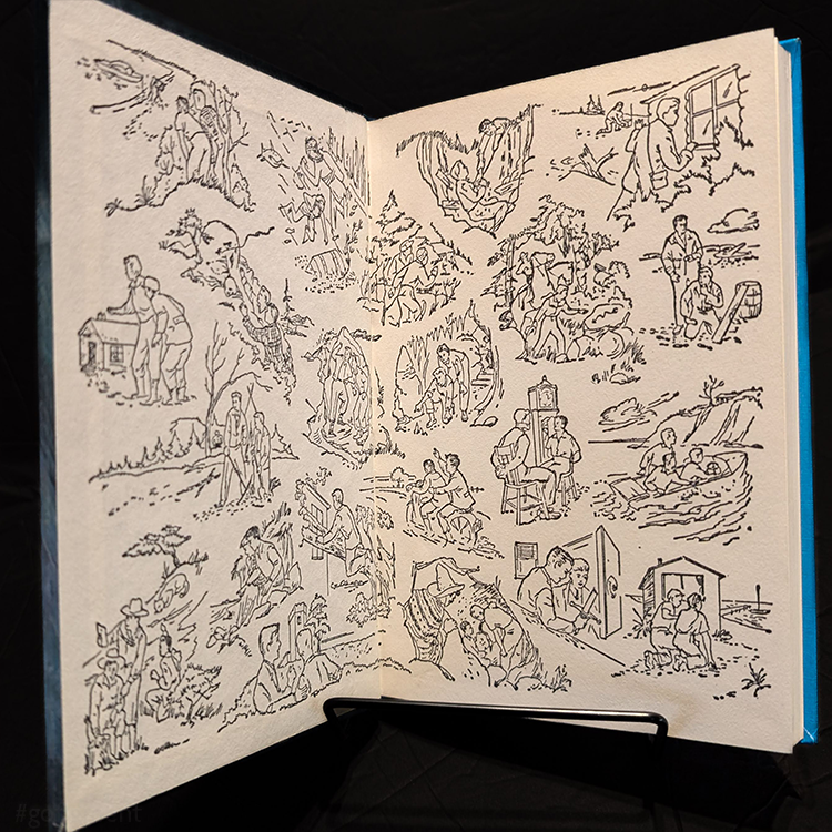 Two-page endpapers with black and white Hardy Boys adventure scenes from the 1968 edition of The Mystery of the Whale Tattoo