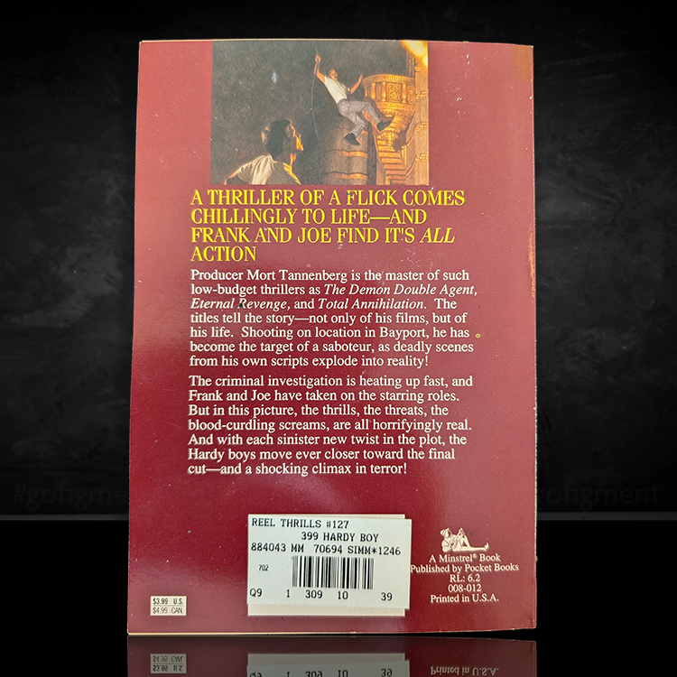 Back cover of 127 Reel Thrills Hardy Boys paperback book vintage 1994 published by Simon & Schuster Pocket Books