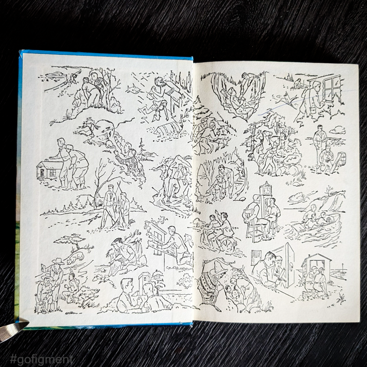 Black and white multi-scene endpapers featuring Hardy Boys adventures in vintage 1959 edition book.