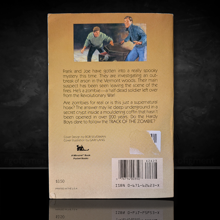 Back cover of vintage 1982 Simon and Schuster Hardy Boys book Track of the Zombie with summary and barcode visible