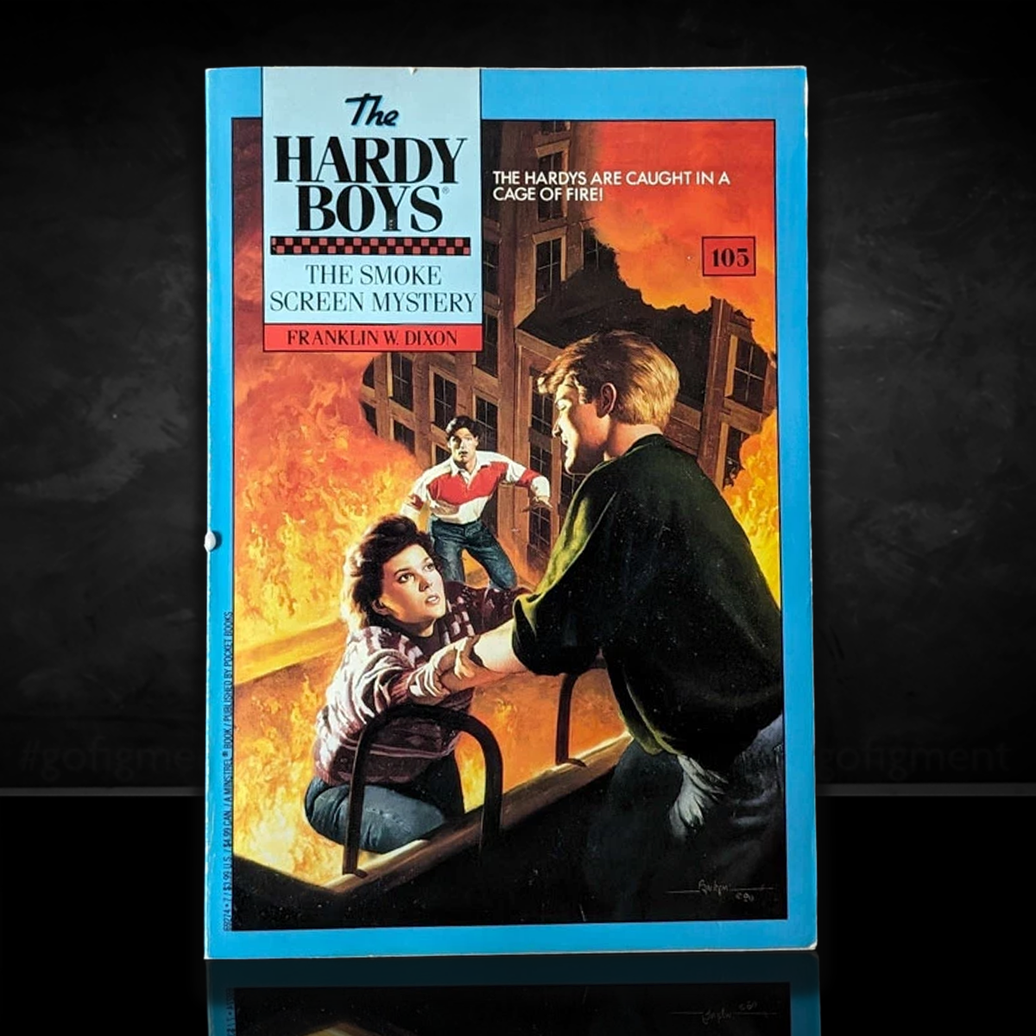Image of a Hardy Boys Paperback book featuring 105 The Smoke Screen Mystery - The Hardy Boys Paperback Book - Vintage 1990