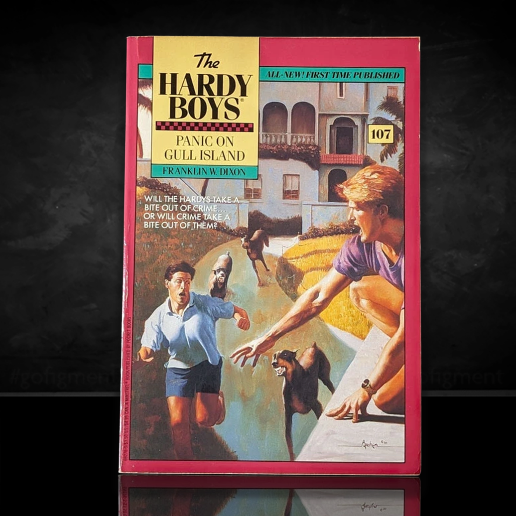 Image of a Hardy Boys Paperback book featuring 107 Panic on Gull Island - The Hardy Boys Paperback Book - Vintage 1991