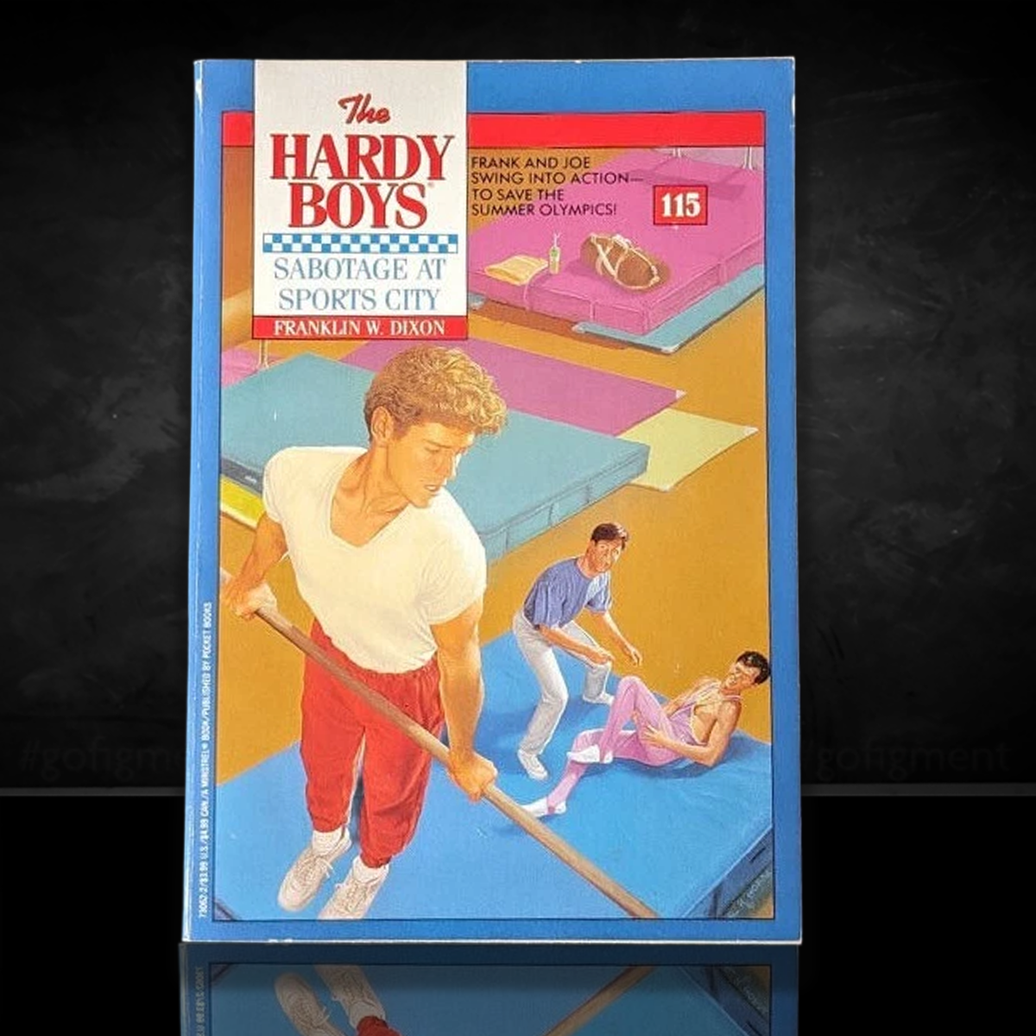 Image of a Hardy Boys Paperback book featuring 115 Sabotage at Sports City - The Hardy Boys Paperback Book - Vintage 1992