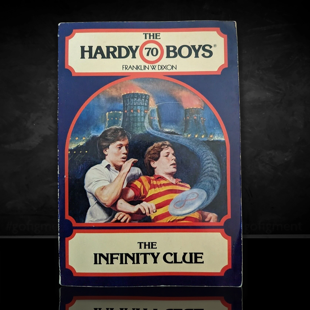 Vintage 1981 Hardy Boys paperback The Infinity Clue by Franklin W. Dixon, published by Simon & Schuster.