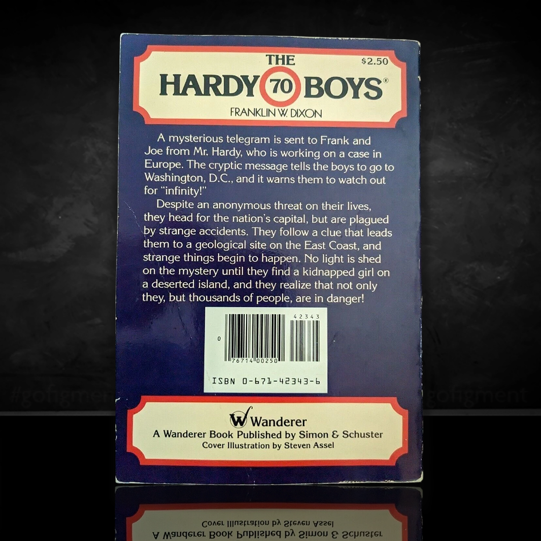 Back cover of vintage 1981 Hardy Boys book The Infinity Clue published by Simon & Schuster with synopsis and barcode.