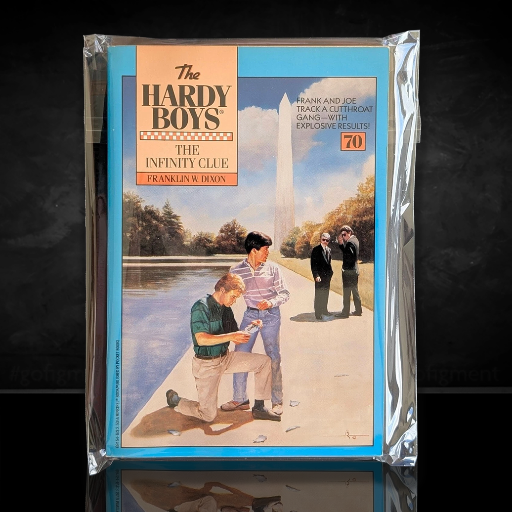 Image of a Hardy Boys Paperback book featuring 70 The Infinity Clue - The Hardy Boys Paperback Book - Vintage 1981