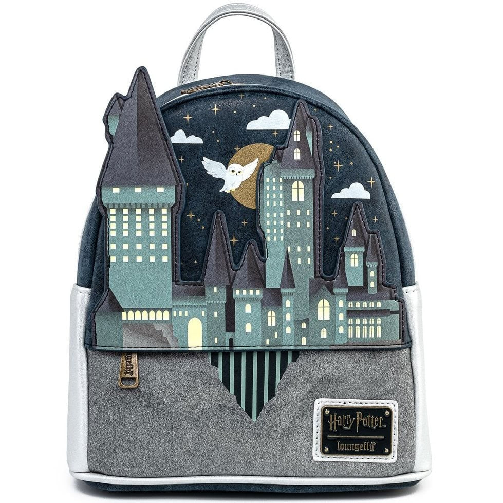 Loungefly mini-backpack with 3D Hogwarts Castle design, flying owl, and nighttime stars against a dark sky background