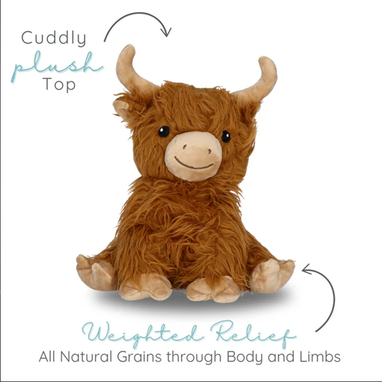 Soft plush Highland cow warm pal with weighted body and limbs for soothing comfort and relaxation