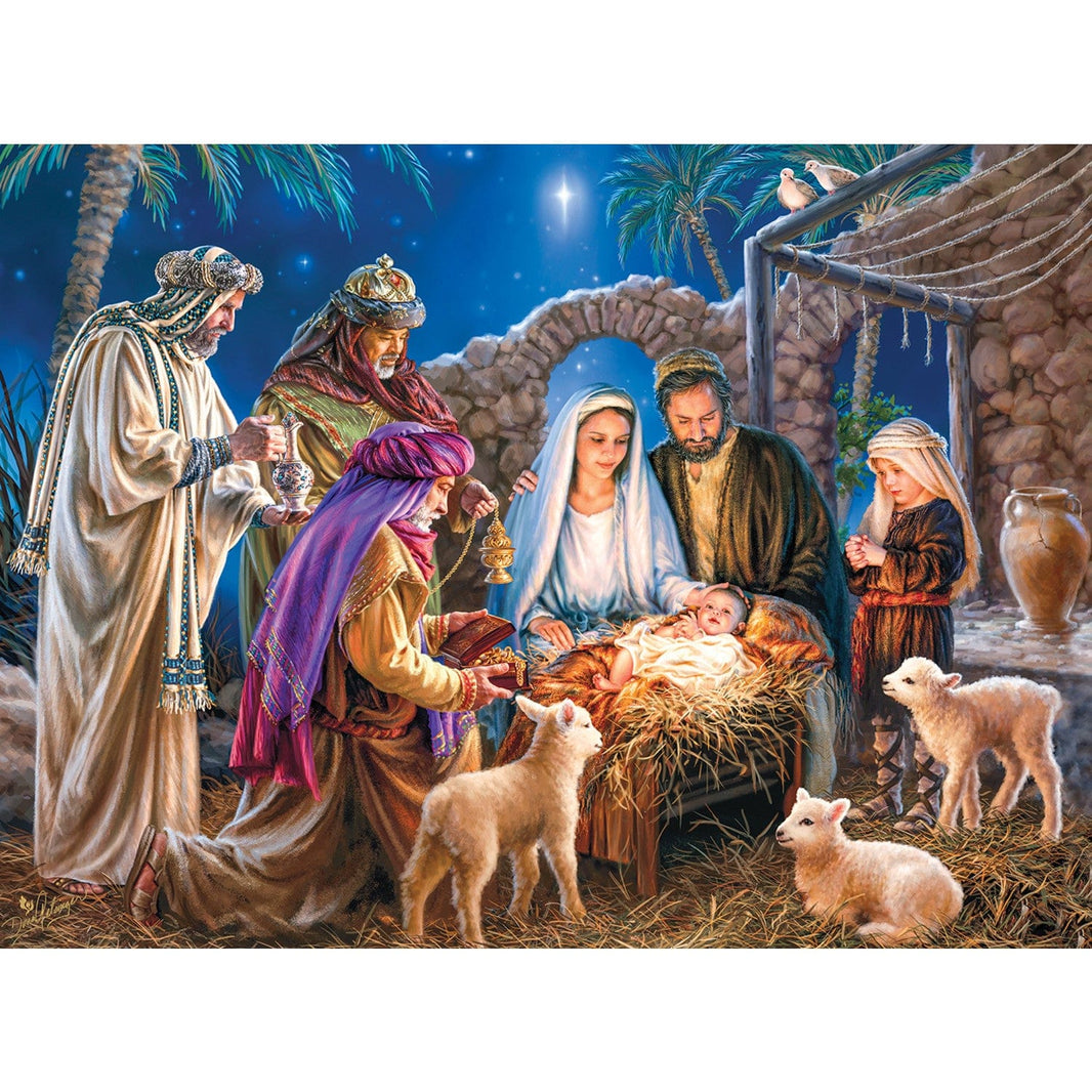 Master Pieces Christ is Born 100 Piece Holiday Glitter Jigsaw Puzzle depicting Nativity scene with Mary, Joseph, shepherds, and lambs