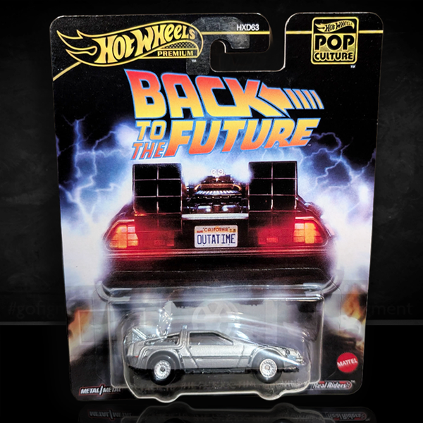 Hot Wheels Premium Back to the Future DeLorean Time Machine diecast car with OUTATIME license plate in display packaging