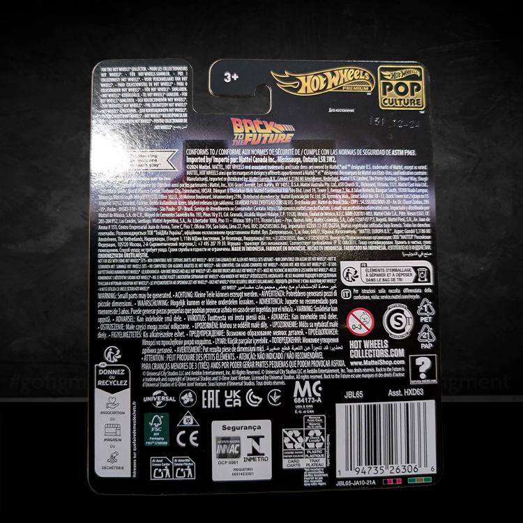 Back of Hot Wheels Back to the Future DeLorean Time Machine packaging showing warnings and product details