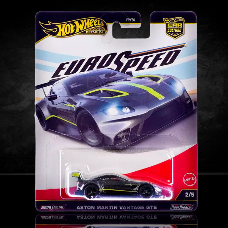 Hot Wheels Premium Euro Speed Aston Martin Vantage GTE model car by Mattel in dark gray with lime stripes packaged