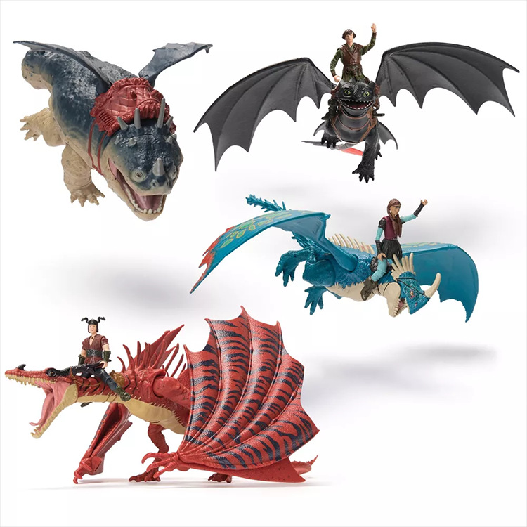 Four detailed How to Train Your Dragon figures including Toothless, Nadder, Gronckle with riders for epic play battles