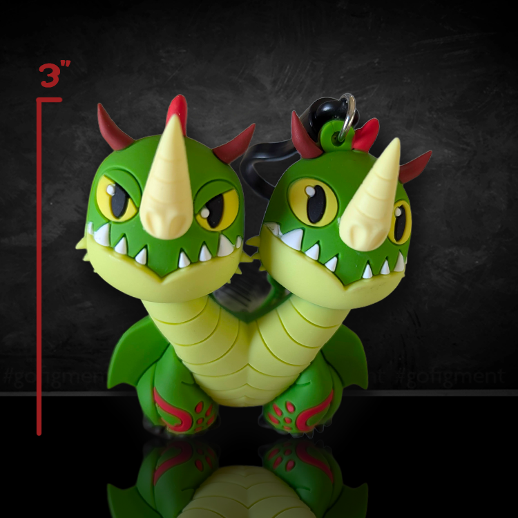 Two-headed green Barf and Belch dragon figural bag clip from How to Train Your Dragon standing three inches tall