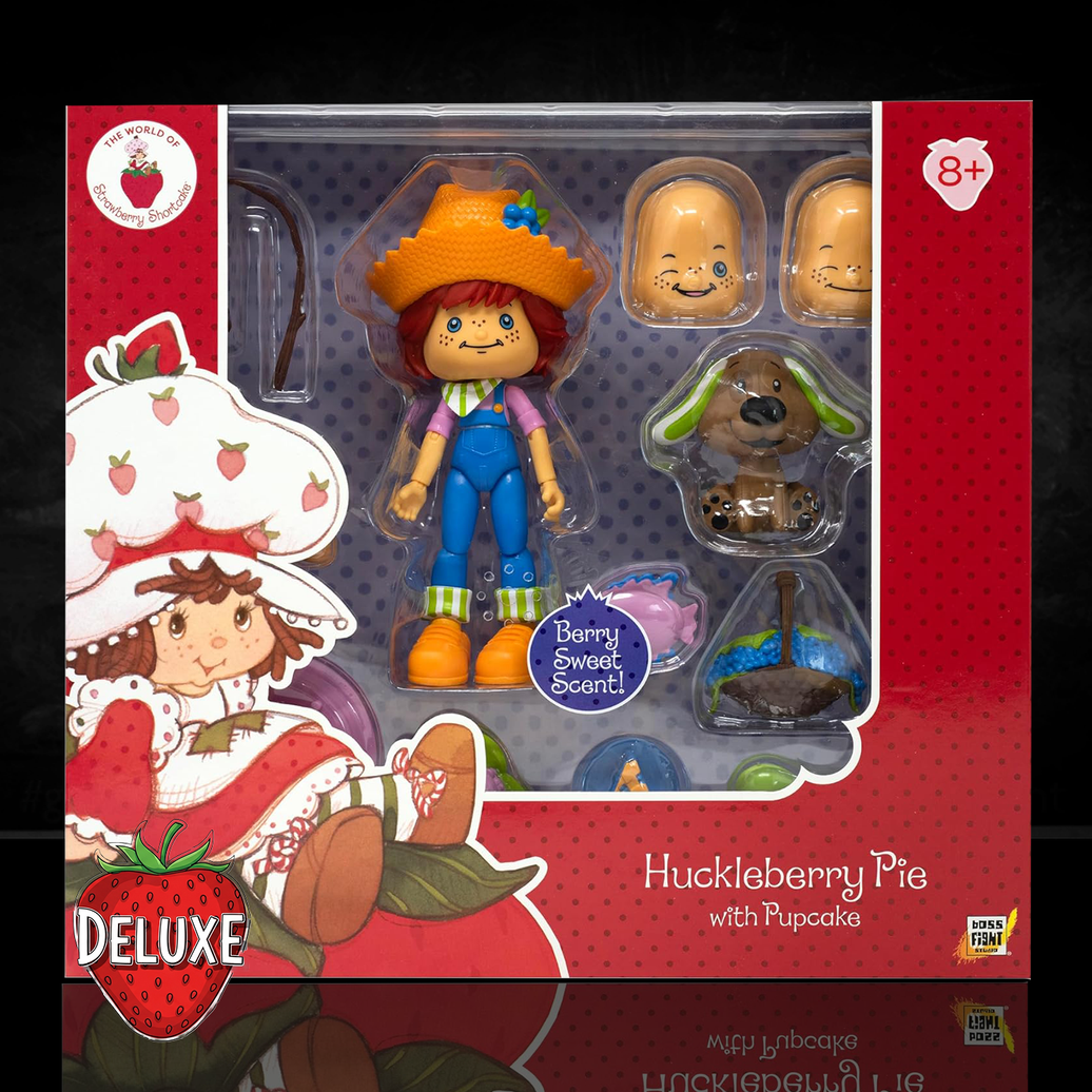 Boss Fight Studio Llc Huckleberry Pie 1:12 figure with orange hat, blue overalls, Pupcake dog, and interchangeable heads in display box