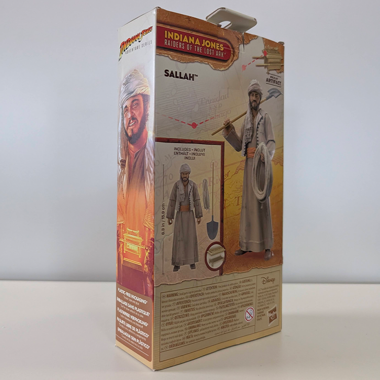 Hasbro Indiana Jones Raiders of the Lost Ark Sallah figure in detailed packaging with accessories and artifact piece