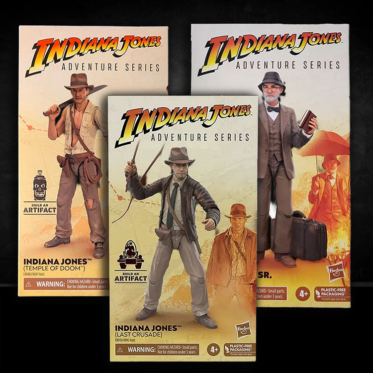Hasbro Indiana Jones Adventure Series 3 pack action figures with Temple of Doom, Last Crusade, and Henry Jones Sr. packaging