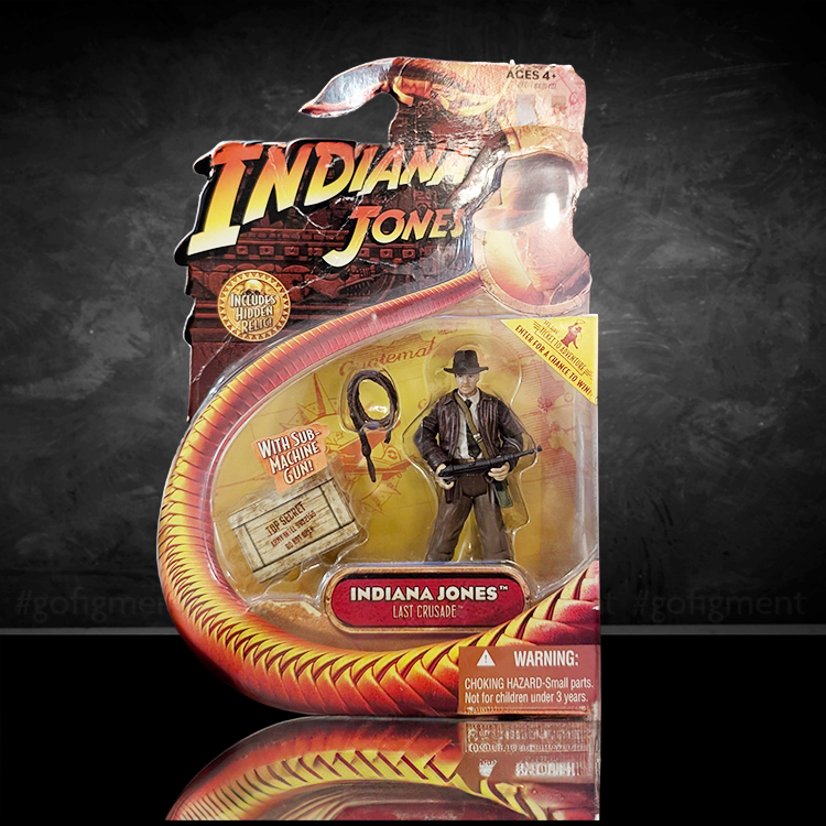 Indiana Jones Last Crusade action figure with submachine gun accessory in original Hasbro packaging from 2008
