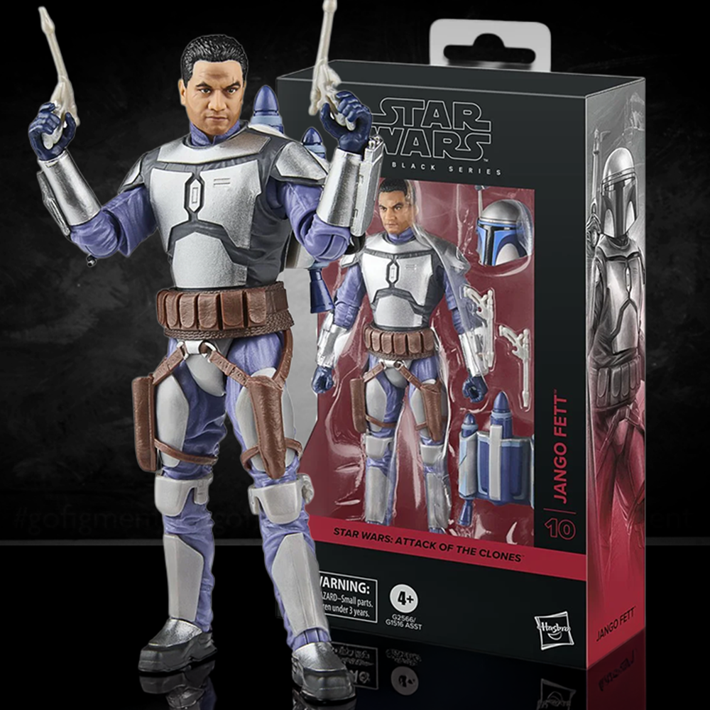 Hasbro Star Wars Black Series 6-inch Jango Fett figure with removable helmet and dual pistols in packaging