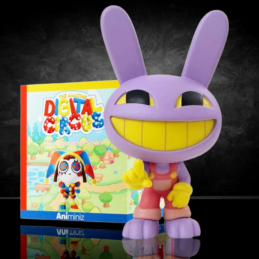 Jax figure from Glitch’s The Amazing Digital Circus Animiniz series with large grin and purple bunny ears in pink overalls