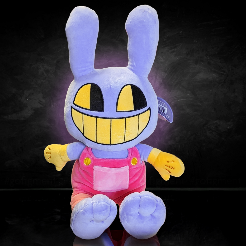 Front view of Jax plush toy in purple with pink overalls and yellow gloves from Glitch The Amazing Digital Circus collection