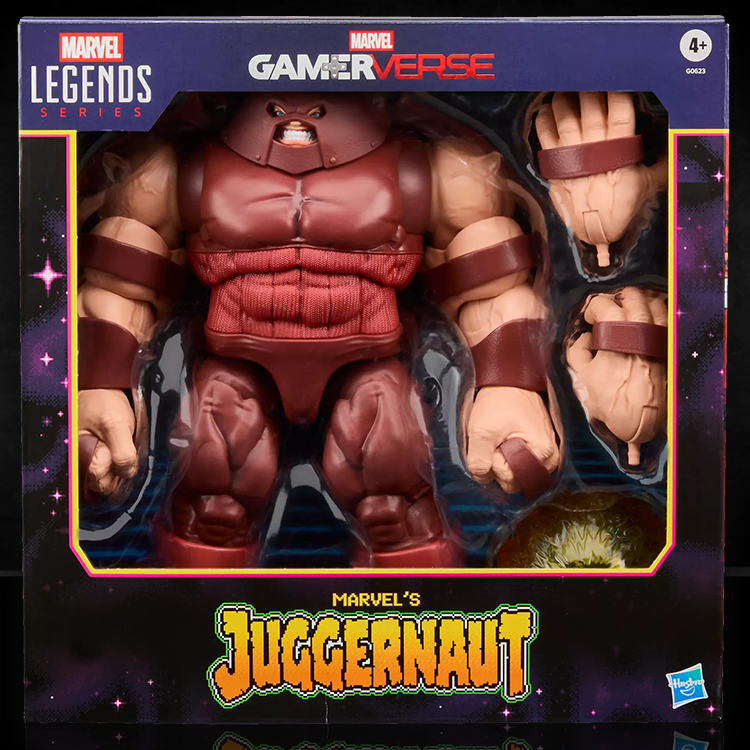 Marvel Legends Gamerverse Juggernaut figure by Hasbro with three accessories in retro-inspired packaging.