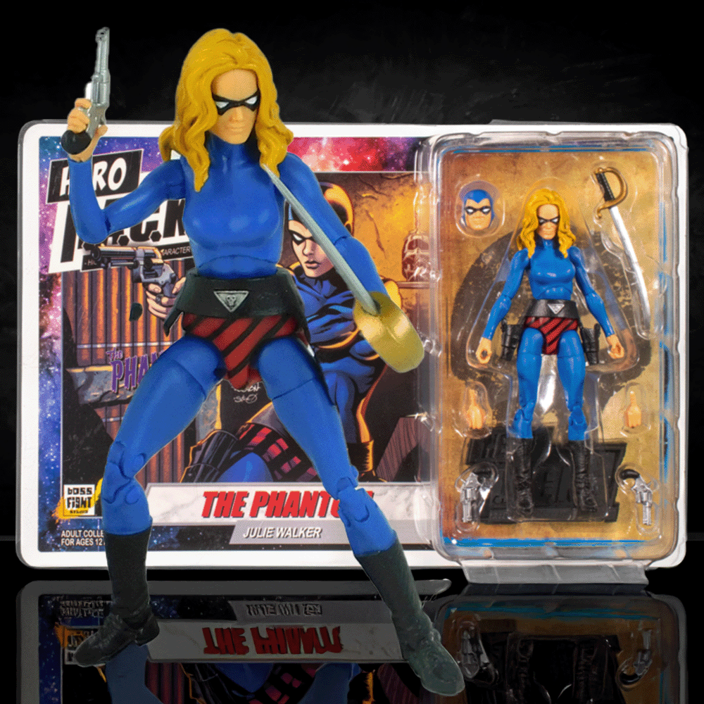 Boss Fight Studio Llc Julie Walker articulated figure in blue suit with black boots, dual guns, alternate head, and accessories in packaging