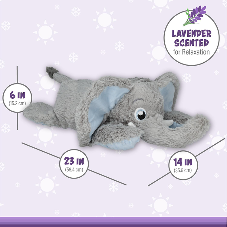 Lavender scented jumbo elephant plush with soft gray fur measuring 23 by 14 by 6 inches for cozy comfort.