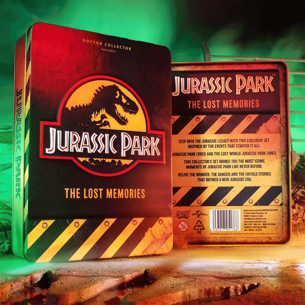 Doctor Collector Jurassic Park The Lost Memories ultimate collector’s box set with iconic dinosaur logo in dramatic lighting