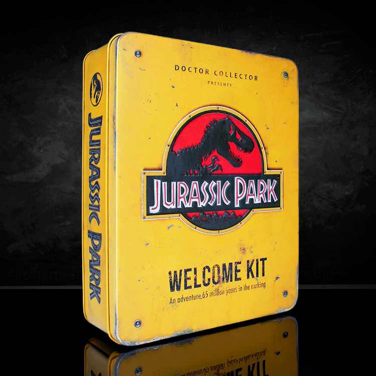 Doctor Collector Jurassic Park Welcome Kit tin box with vintage yellow design and iconic dinosaur logo on front cover
