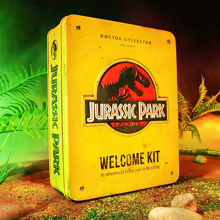 Doctor Collector Jurassic Park Welcome Kit metal tin with distressed yellow finish and iconic dinosaur logo on cover