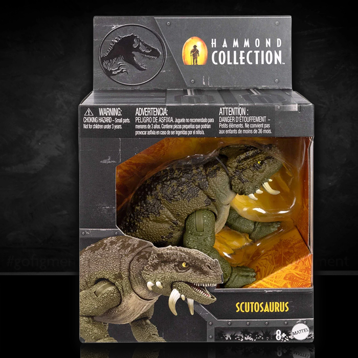 Jurassic World Hammond Collection Scutosaurus action figure by Mattel with detailed armor and articulated limbs in display packaging
