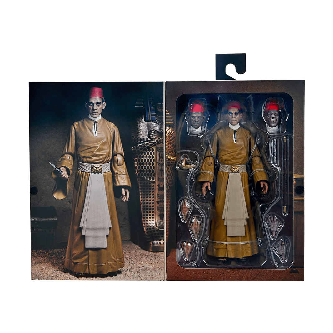 Neca 7-inch action figure of The Mummy Ardath Bey with interchangeable heads and Egyptian-themed accessories in open packaging