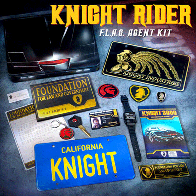 Knight Rider F.L.A.G. Agent Collector Box by Doctor Collector with ID, badges, watch, and California Knight plate