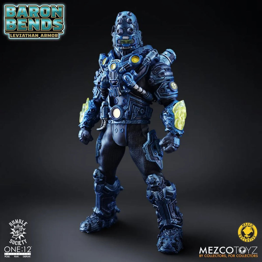 Baron Bends Leviathan Armor Rumble Society One:12 Collective Action Figure by Mezco Toyz Light-Up 6.7 in in blue armor