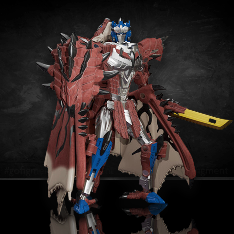 Liolaeus Rathalos Prime action figure in robot mode with detailed armor and yellow Charge Blade weapon.