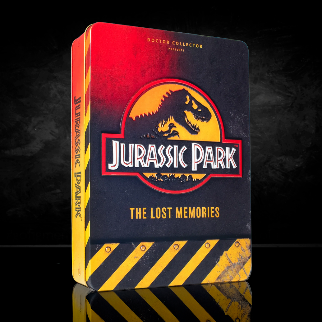 Doctor Collector Jurassic Park The Lost Memories exclusive collector’s tin featuring iconic dinosaur logo on dark background