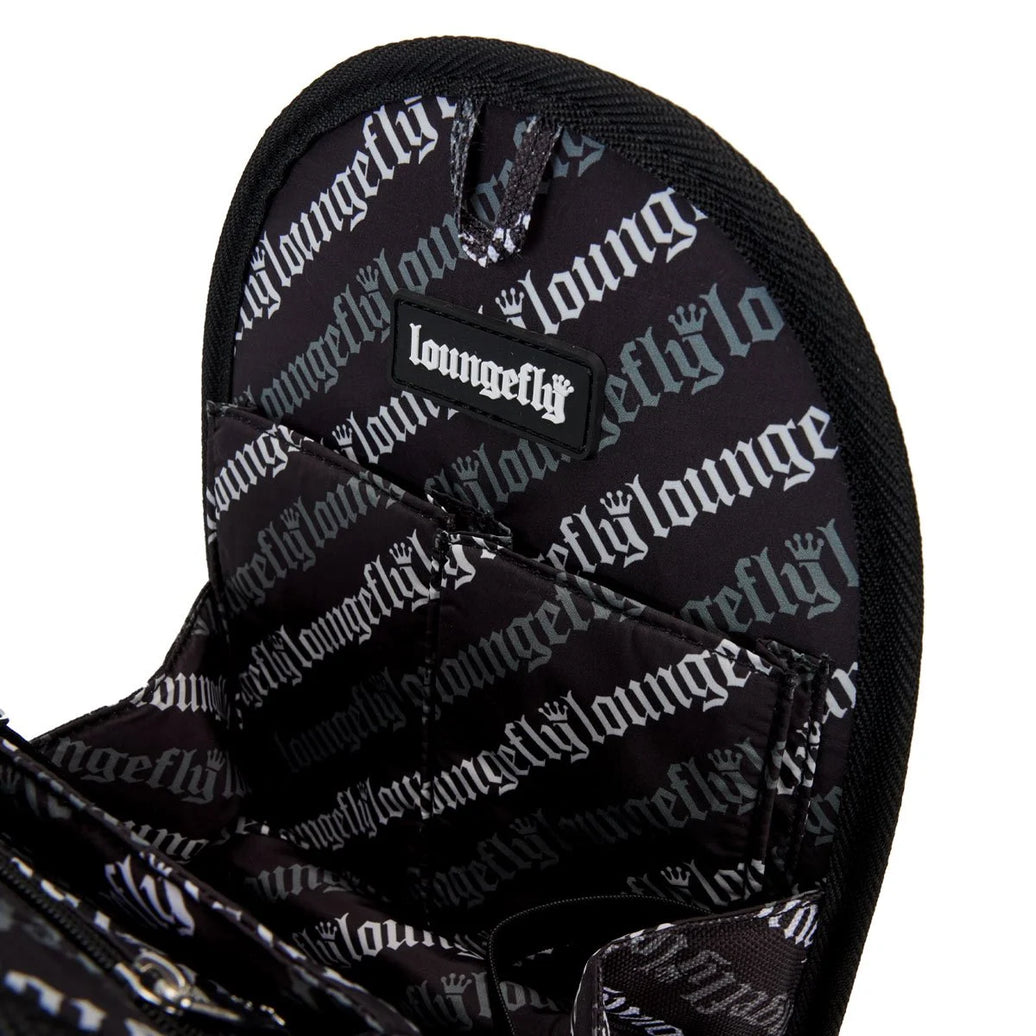 Inside view of black Loungefly mini-backpack insert organizer with repeating logo pattern and pockets