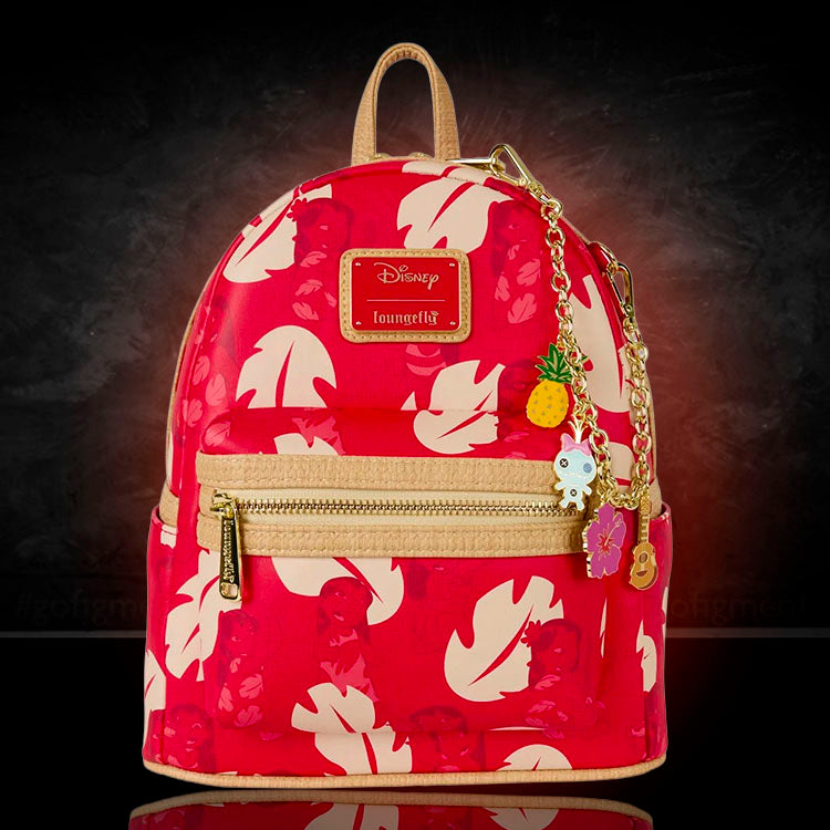 Loungefly red Lilo and Stitch mini backpack featuring Hawaiian shirt design and gold charm chain detailing