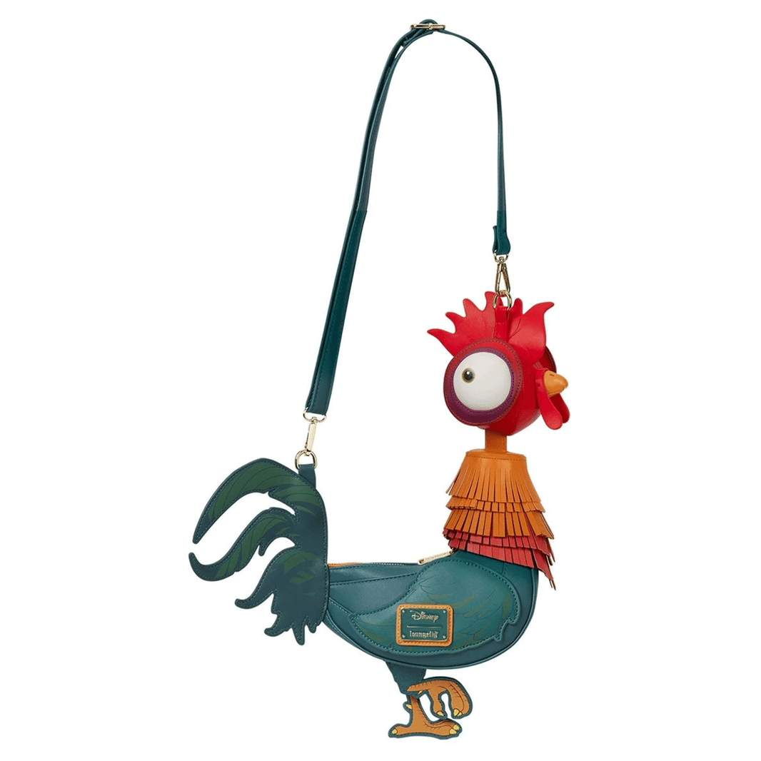 Loungefly Moana HeiHei crossbody bag in faux leather shaped like colorful rooster with layered detailing and adjustable strap
