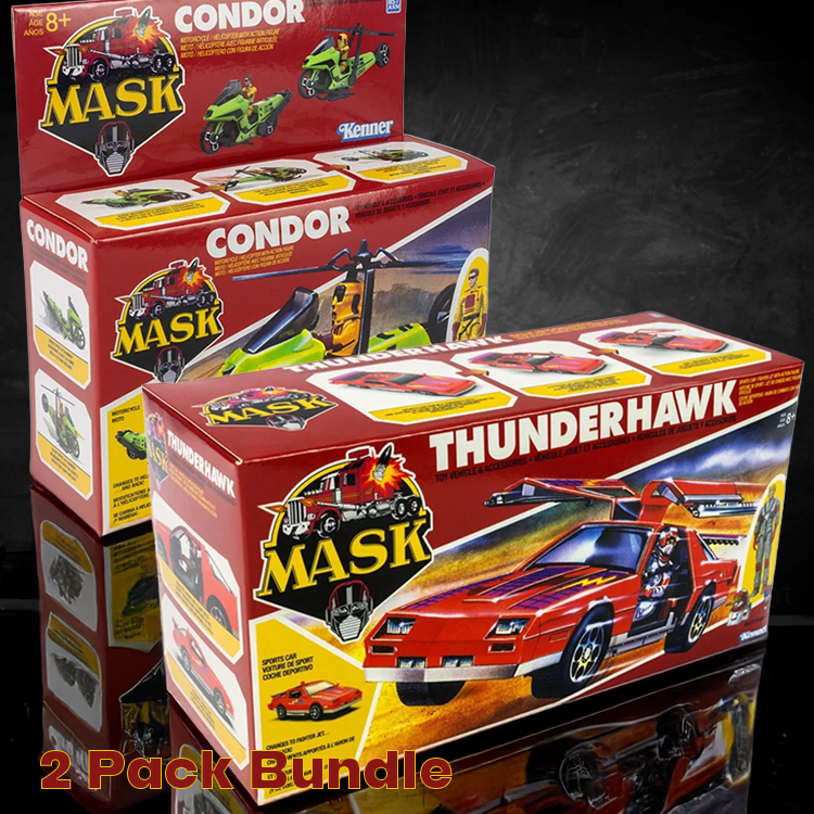 M.A.S.K. Loyal Subjects collector set featuring Thunderhawk transforming sports car to jet and Condor motorcycle to helicopter
