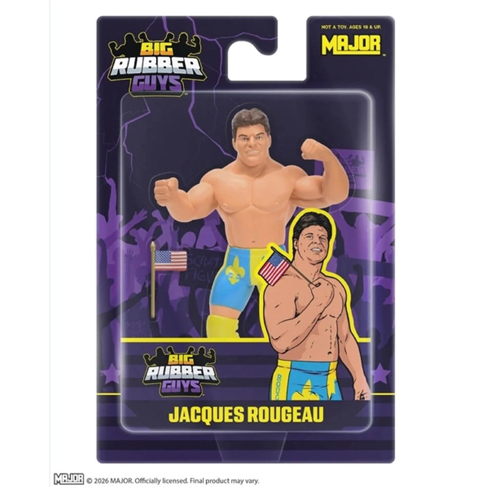 Jacques Rougeau wrestling figure in Big Rubber Guys packaging with purple graphics and wrestler artwork
