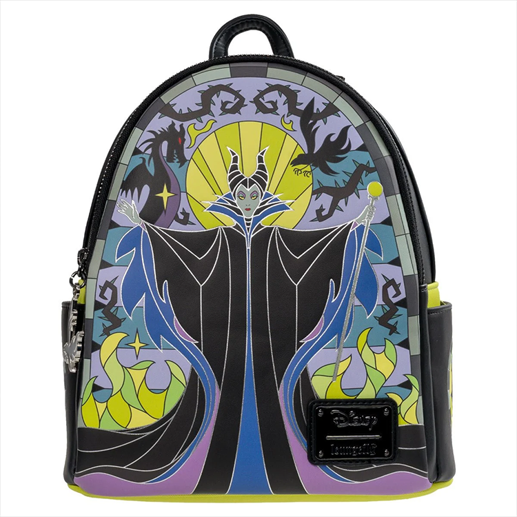 Loungefly Sleeping Beauty Maleficent mini-backpack with stained glass design and villainous motifs in faux leather
